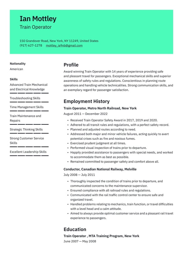 Train Operator resume example