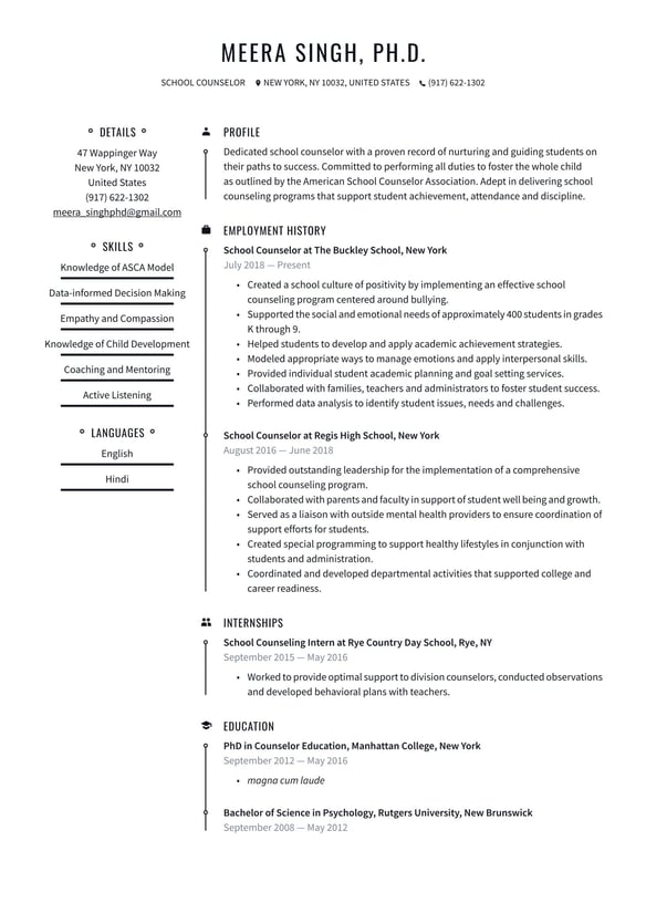 School Counselor resume example