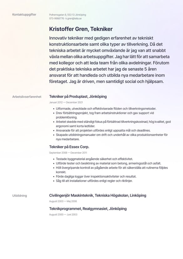 Tekniker resume example