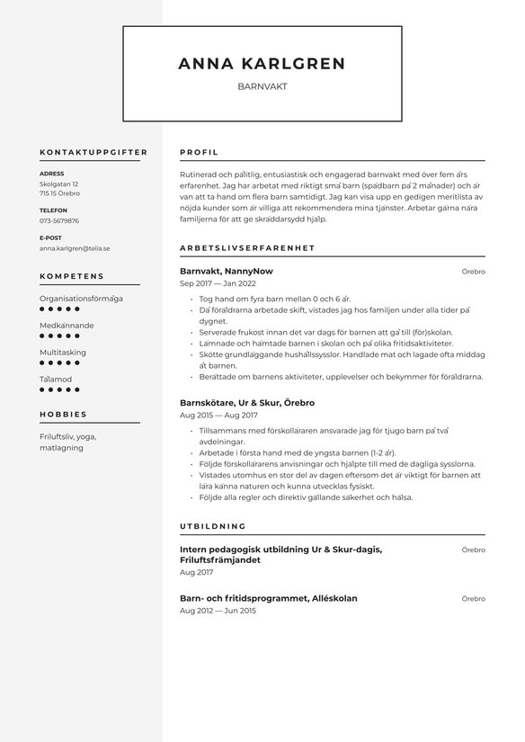 Barnsk&ouml;tare resume example