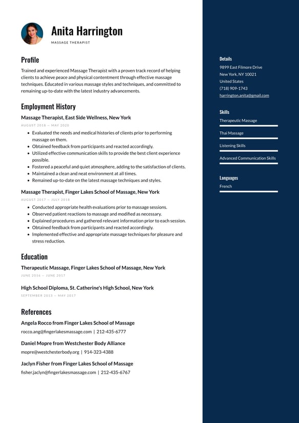 Massage Therapist resume example