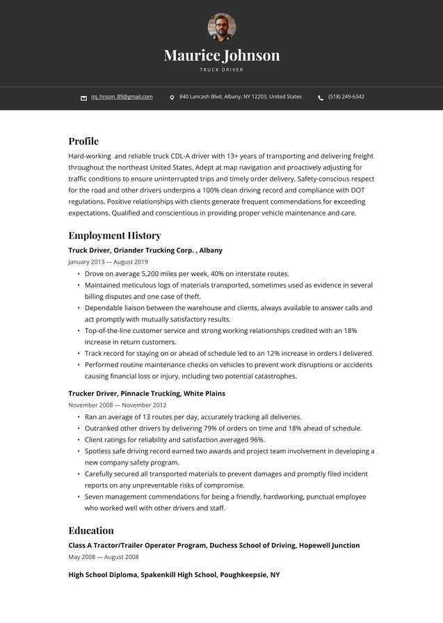 Mid-career Truck Driver Translation missing: en.examples.cover_letter_example