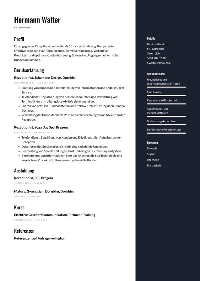 mit erster Berufserfahrung Rezeptionist Translation missing: de-AT.examples.cover_letter_example