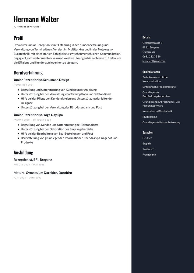 Berufseinstieg Rezeptionist Translation missing: de-AT.examples.cover_letter_example