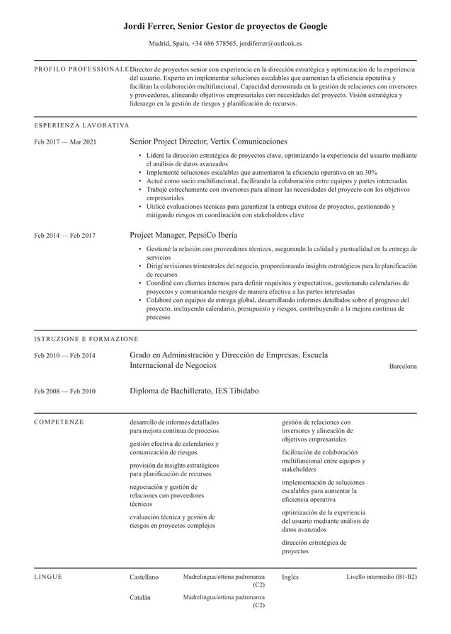 Esperienza avanzata curriculum vitae in spagnolo  Translation missing: it.examples.cover_letter_example