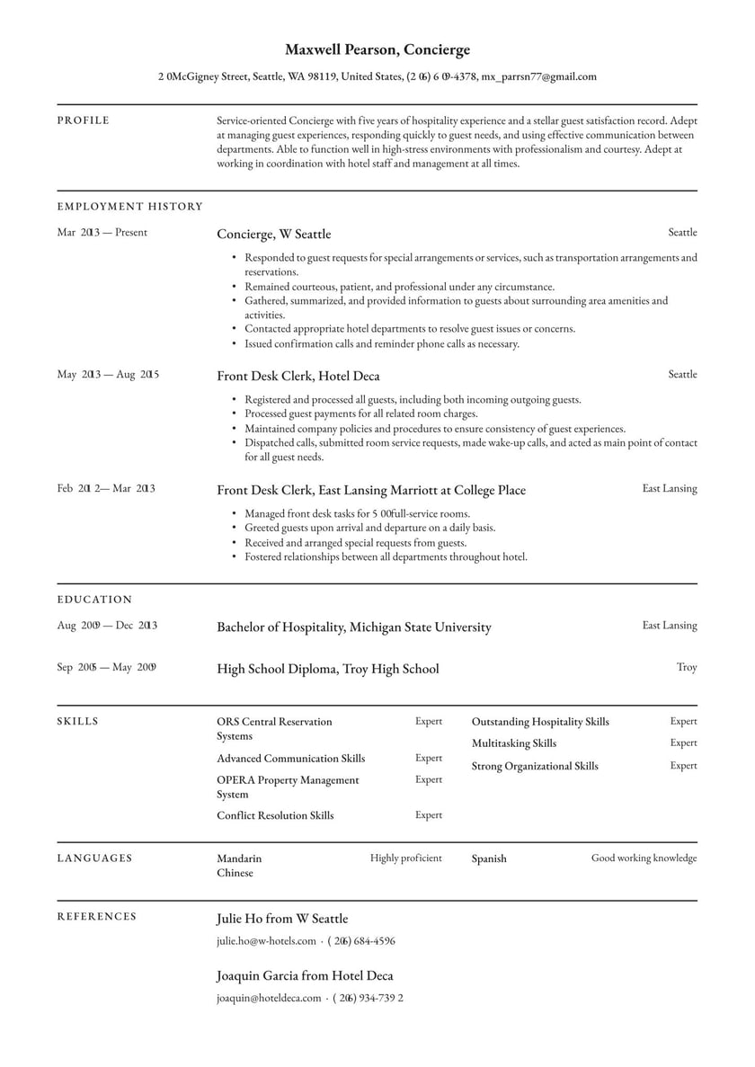Concierge Resume Examples Writing Tips 2021 Free Guide