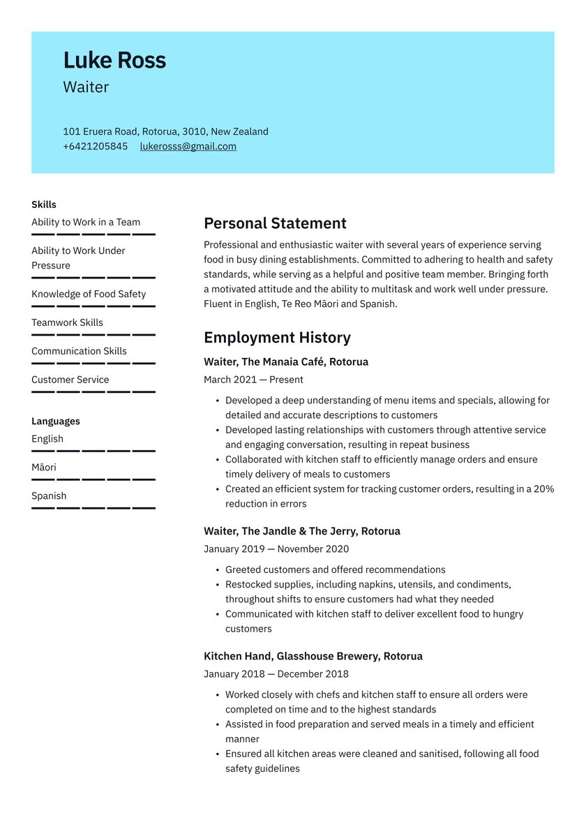 Waitress Resume Example Waiter/Waitress Resume Examples And Templates