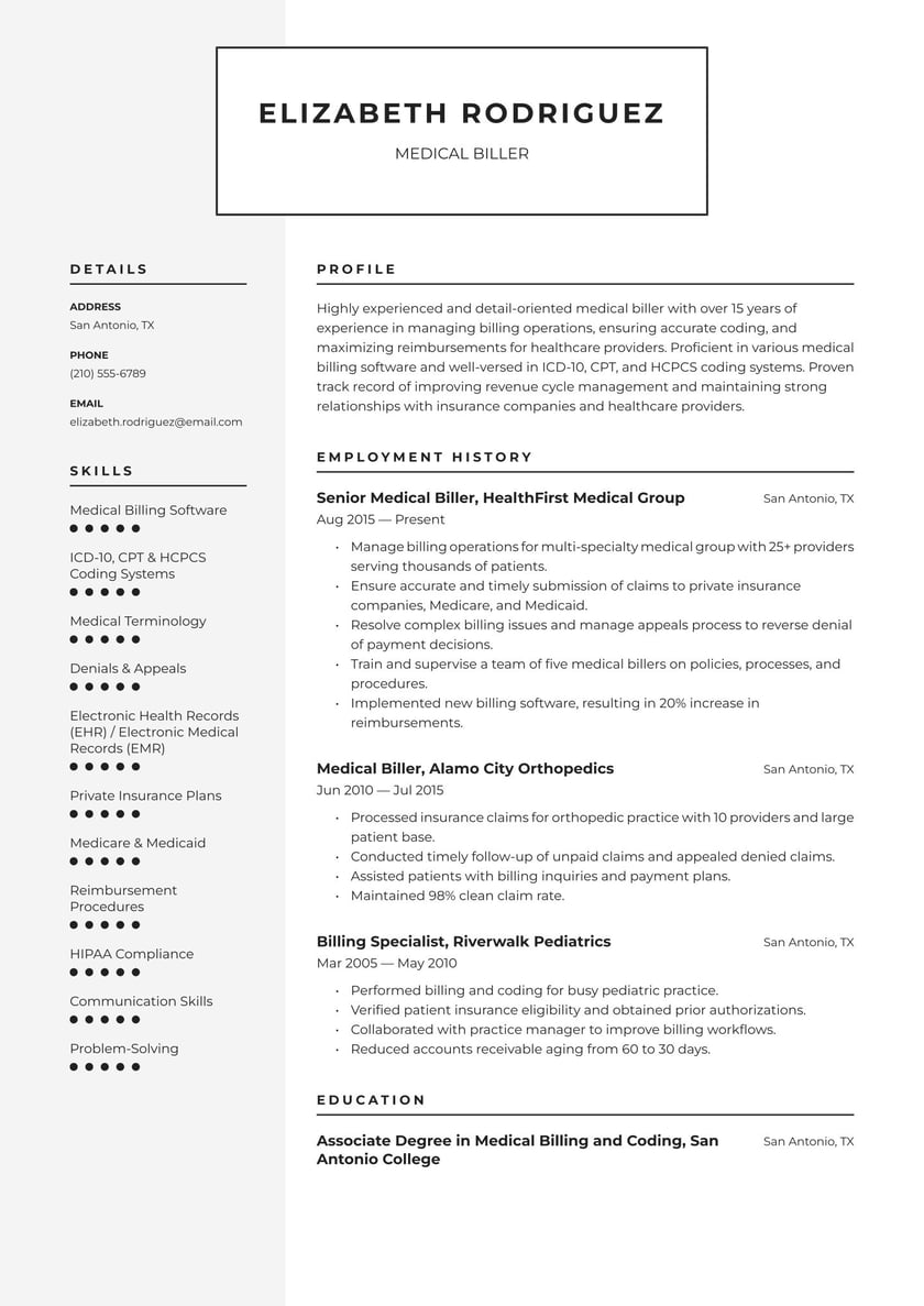 Medical Biller Resume Examples &amp; Templates (2025) · Resume.io