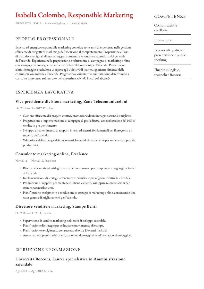 Esempi curriculum vitae da Responsabile marketing del 2022 (e ...