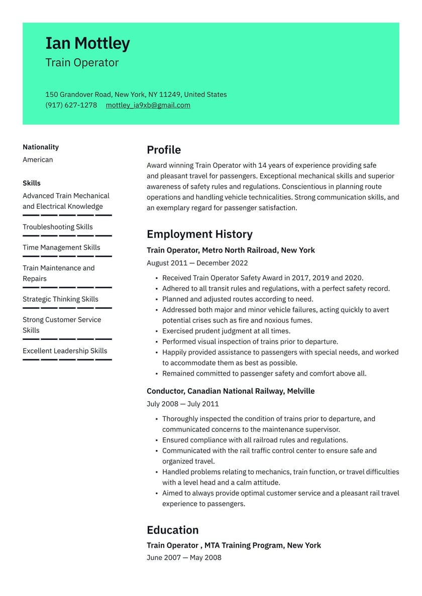 Train Operator Resume Examples Writing Tips 2021 Free Guide