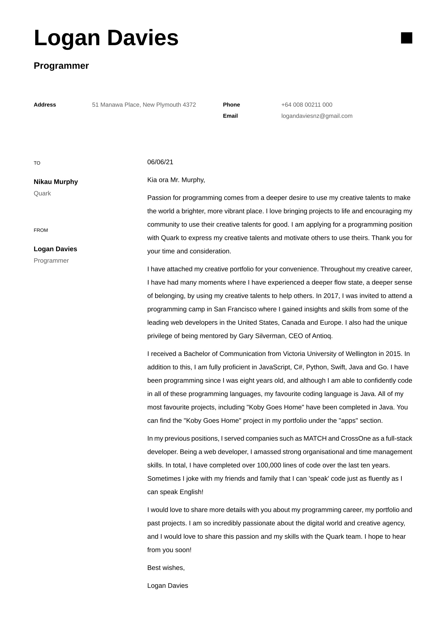 Example Computer Programmer Application Letter Sample Programmer Cover
