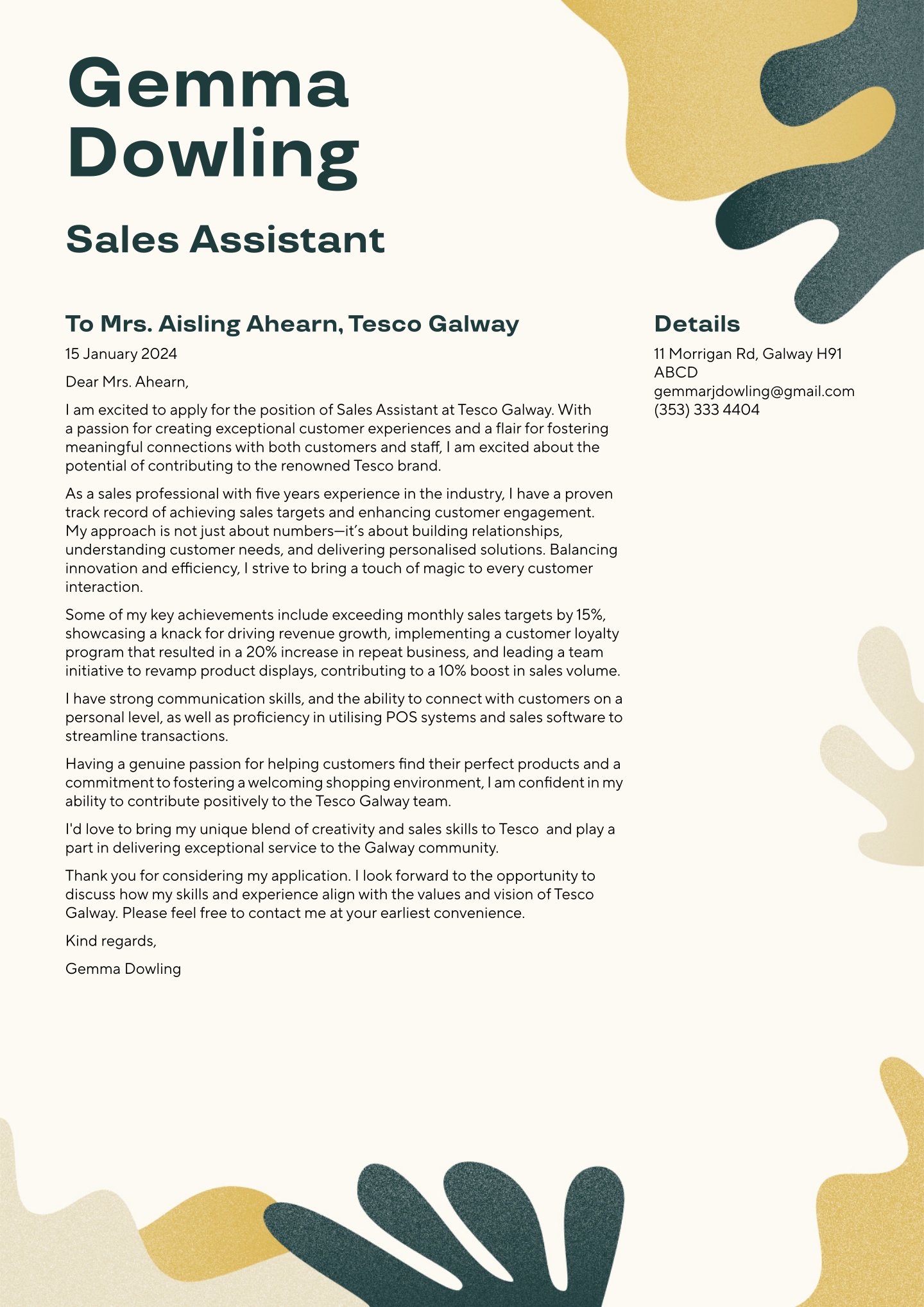 Sample Cover Letter Sales Assistant