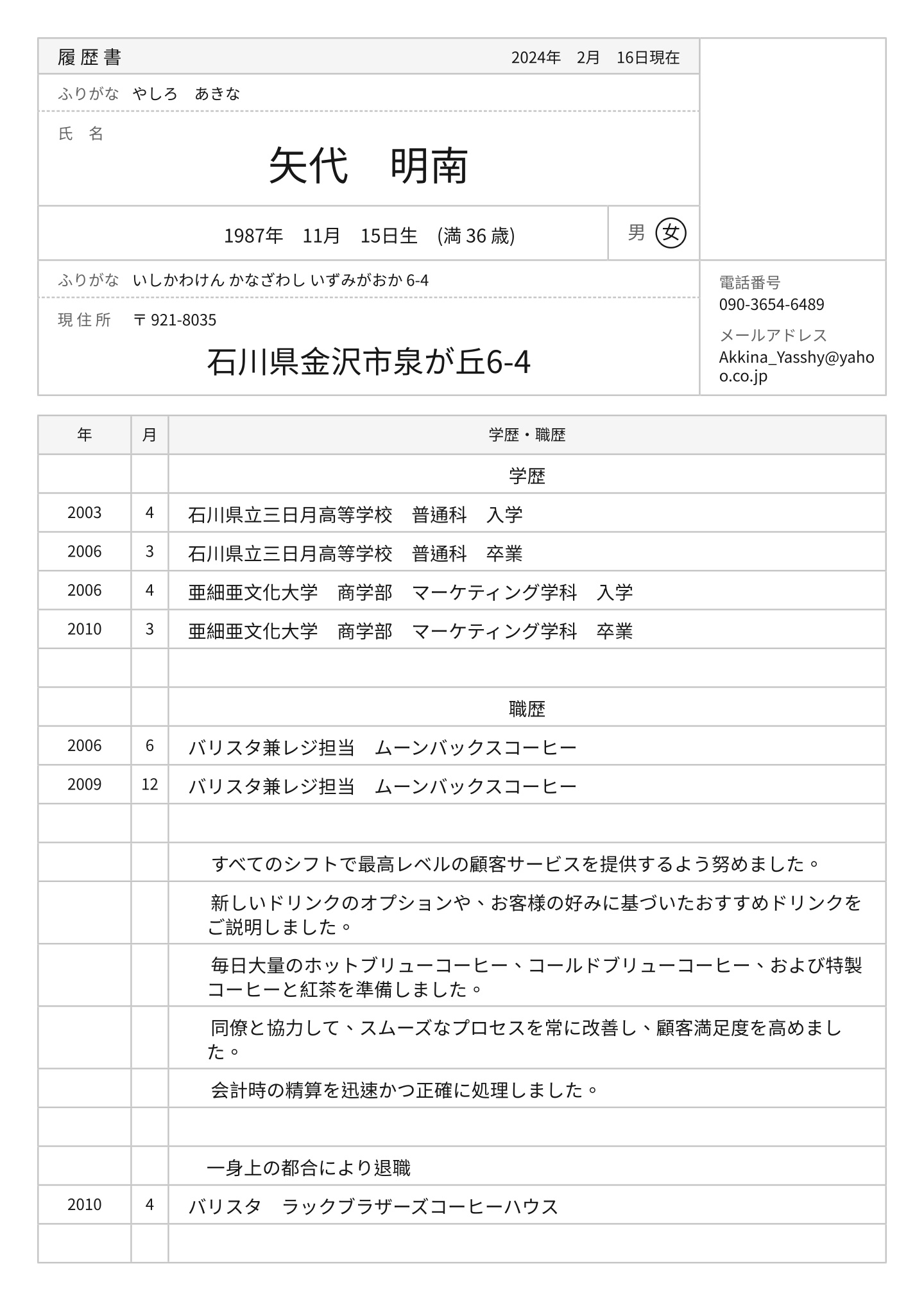 バリスタ 履歴書の例と書き方のヒント 2026 (無料ガイド) · Rirekisho.jp