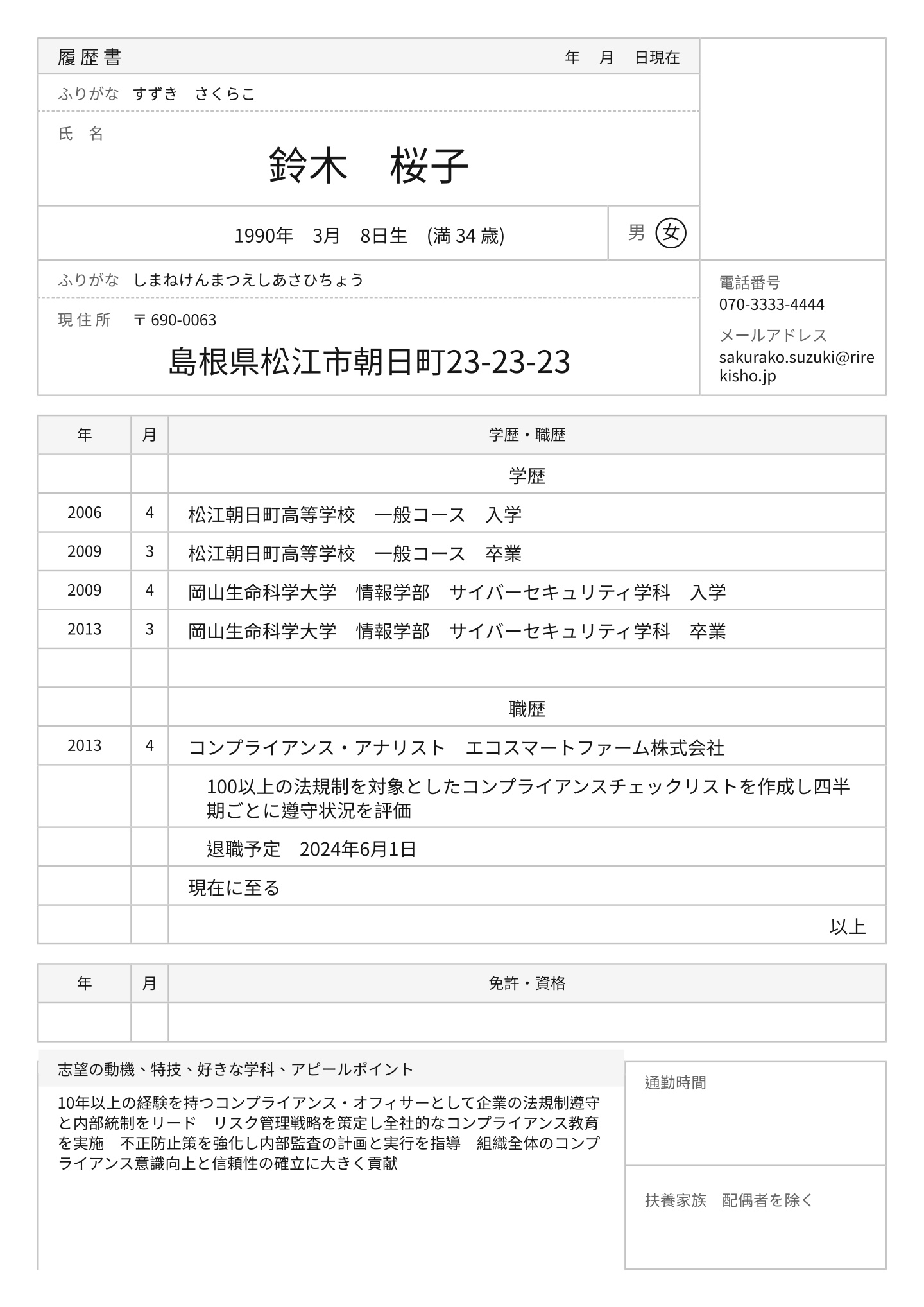 コンプライアンス・オフィサー 履歴書の例と書き方のヒント 2025 (無料