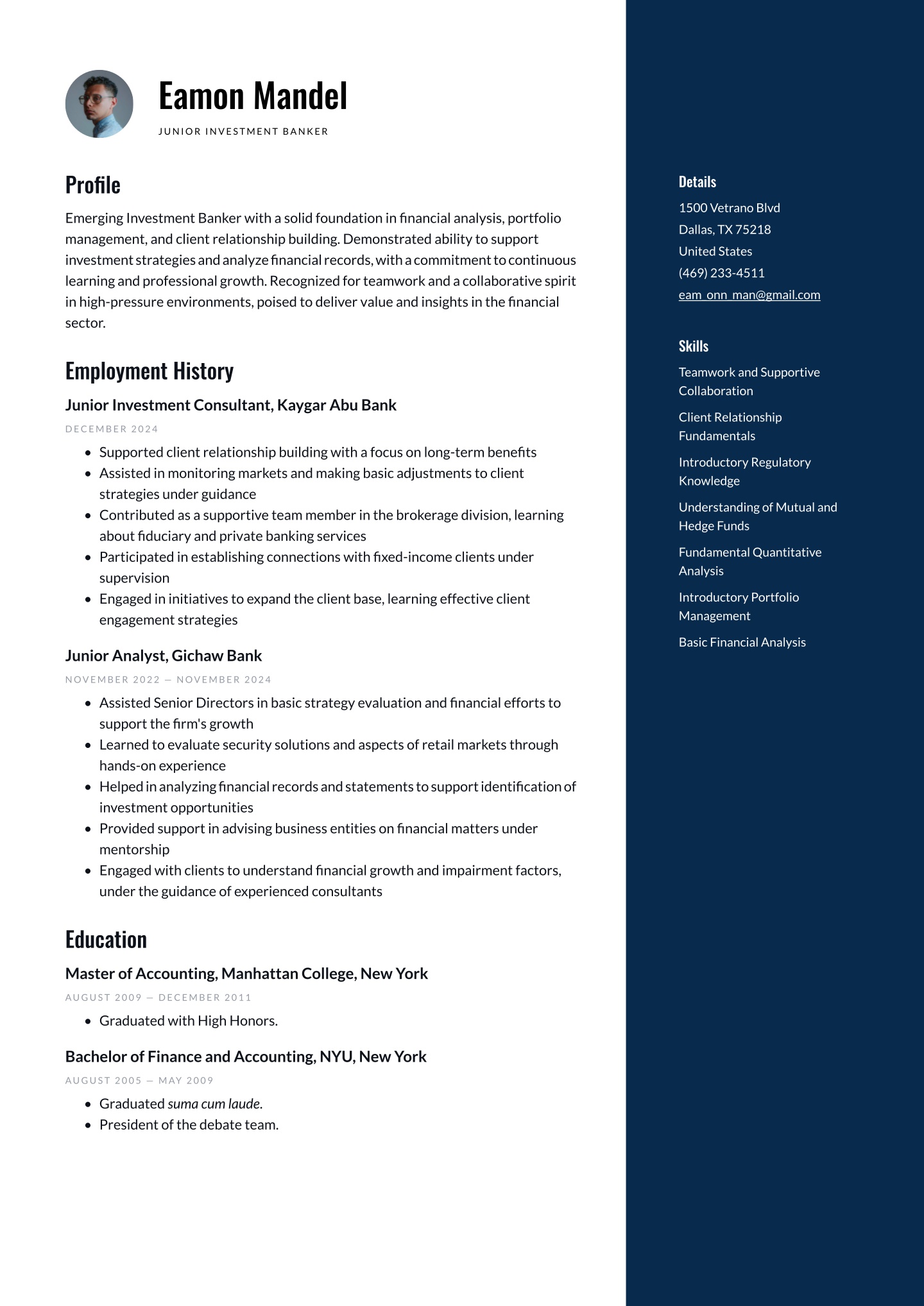 Investment Banker Resume Examples &amp; Templates (2025) · Resume.io