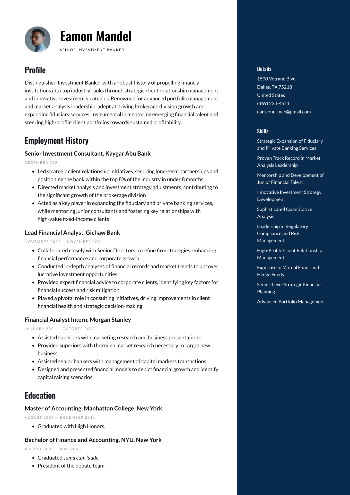Investment Banker Resume Examples &amp; Templates (2025) · Resume.io