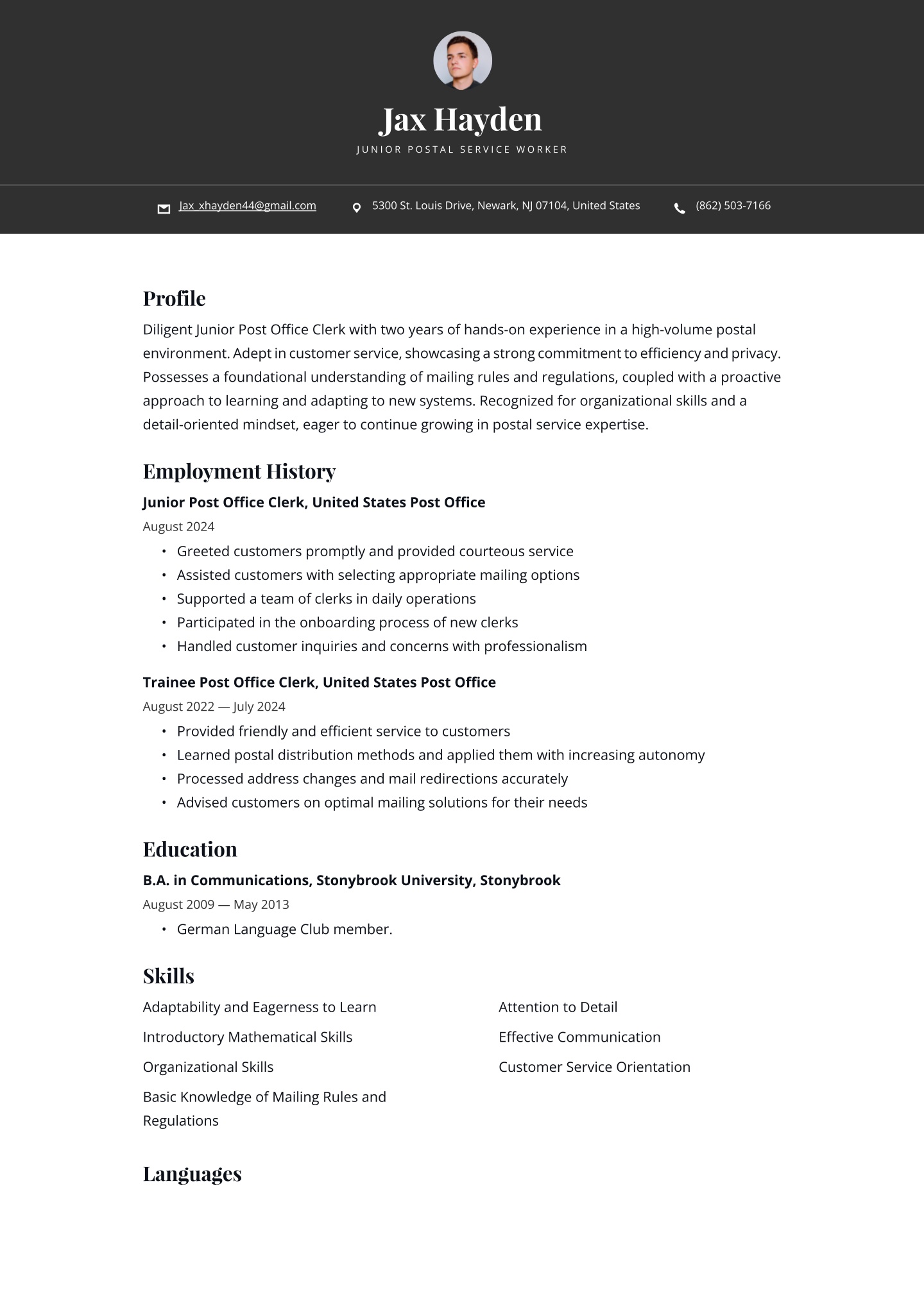 Postal Service Worker Resume Examples & Templates (2025) · Resume.io