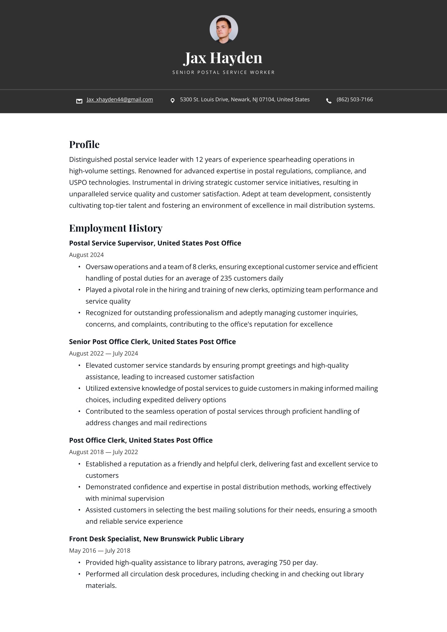 Postal Service Worker Resume Examples &amp; Templates (2025) · Resume.io