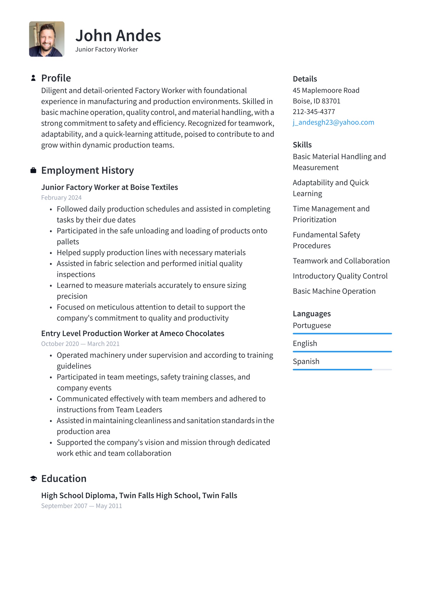 Factory Worker Resume Examples &amp; Templates (2025) · Resume.io