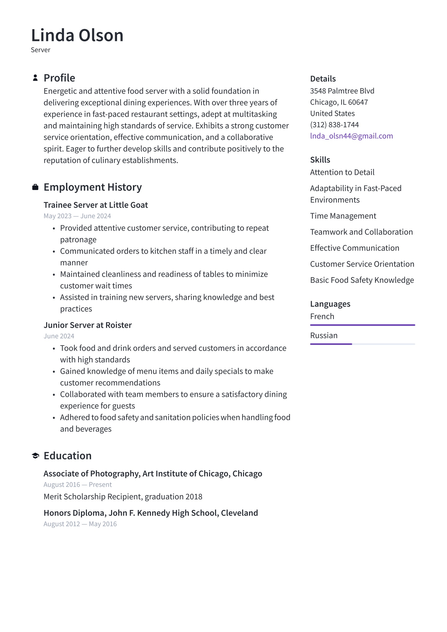Server Resume Examples &amp; Templates (2025) · Resume.io