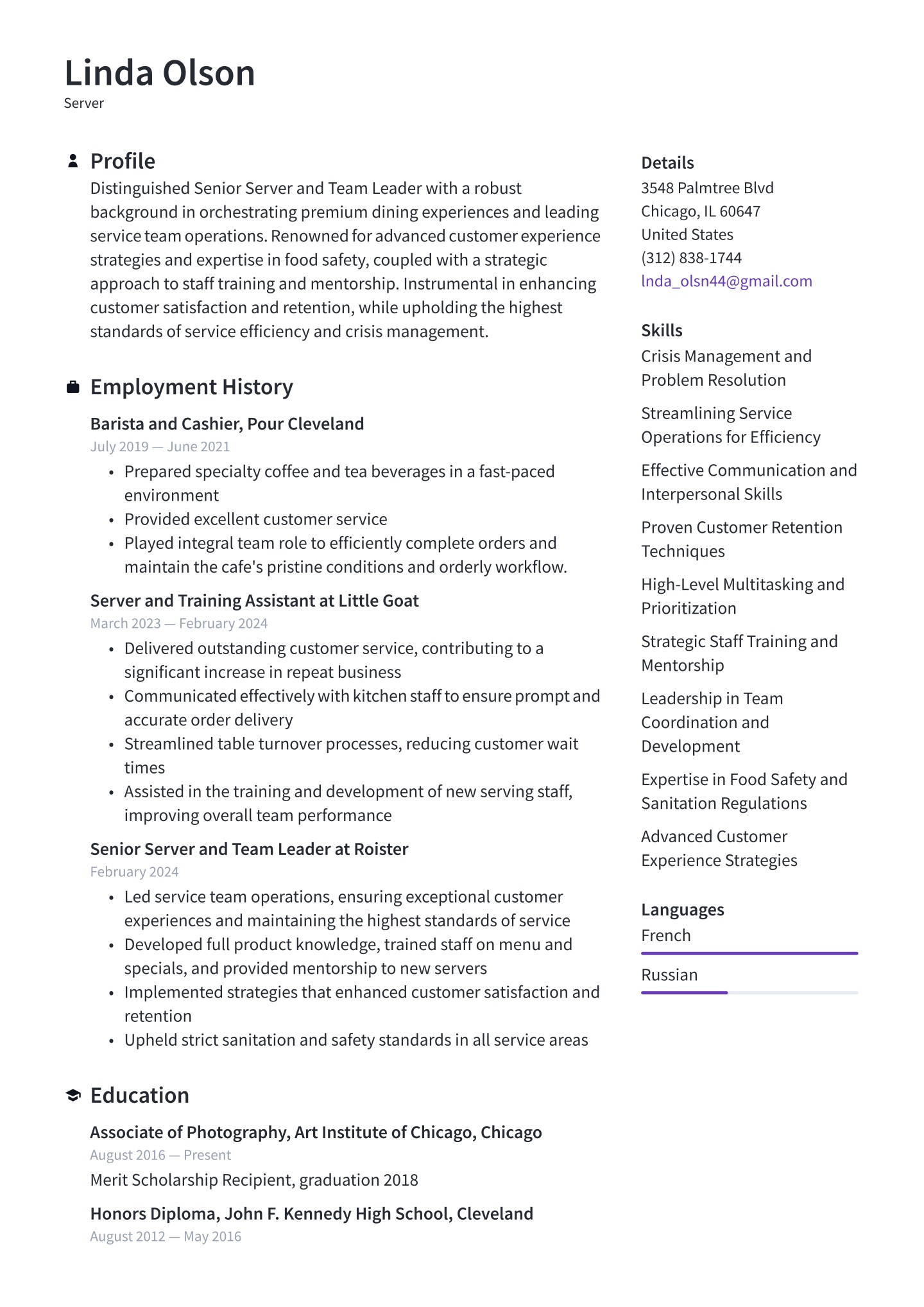 Server Resume Examples &amp; Templates (2025) · Resume.io