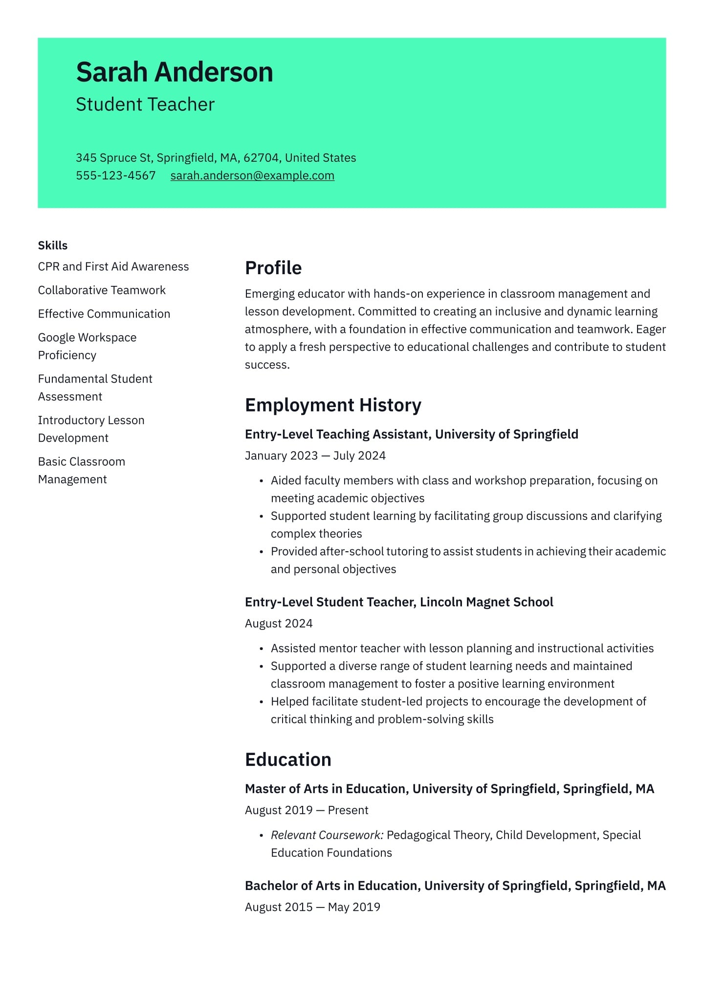 Resume Teacher Examples