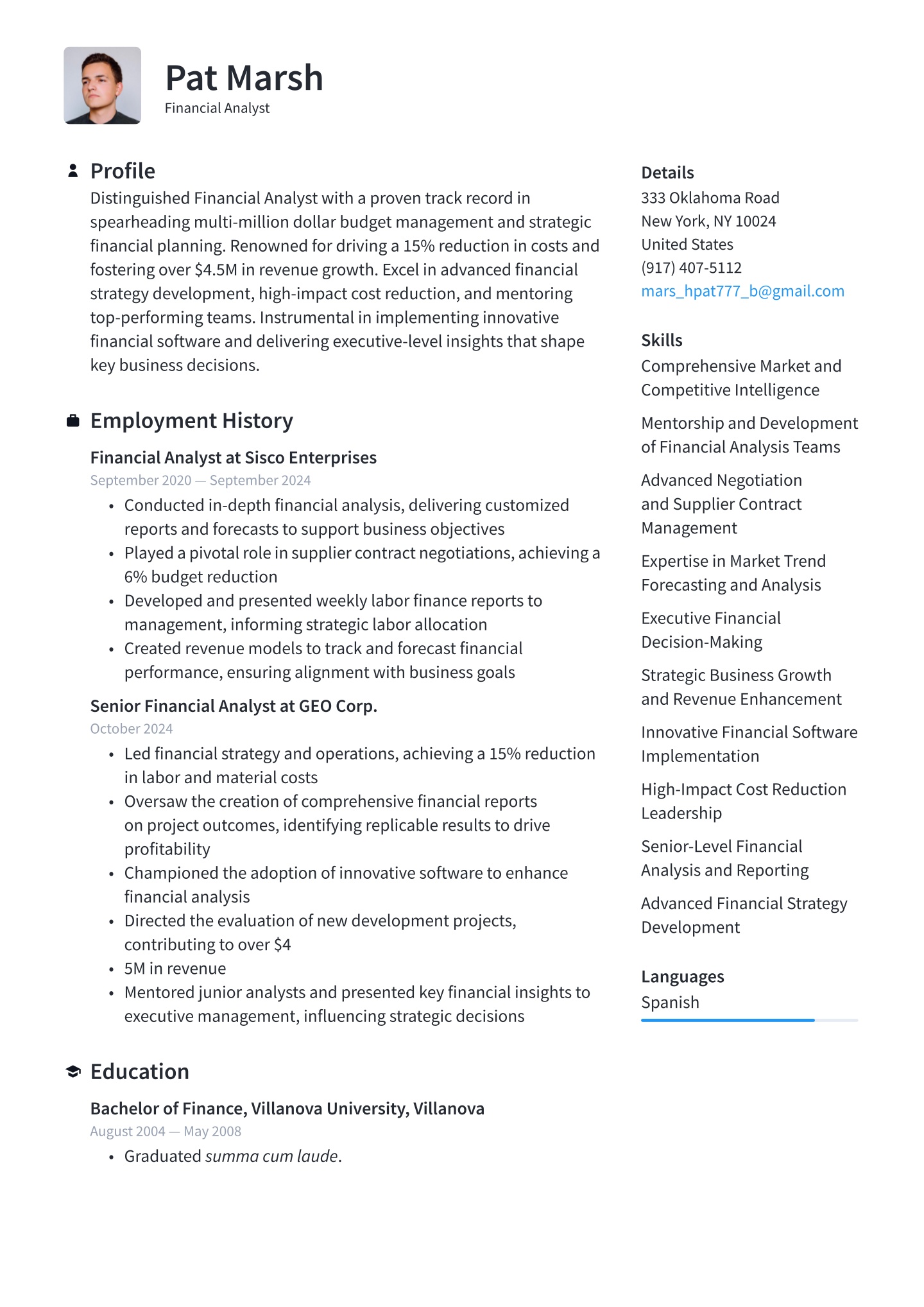 Financial Analyst Resume Examples &amp; Templates (2025) · Resume.io