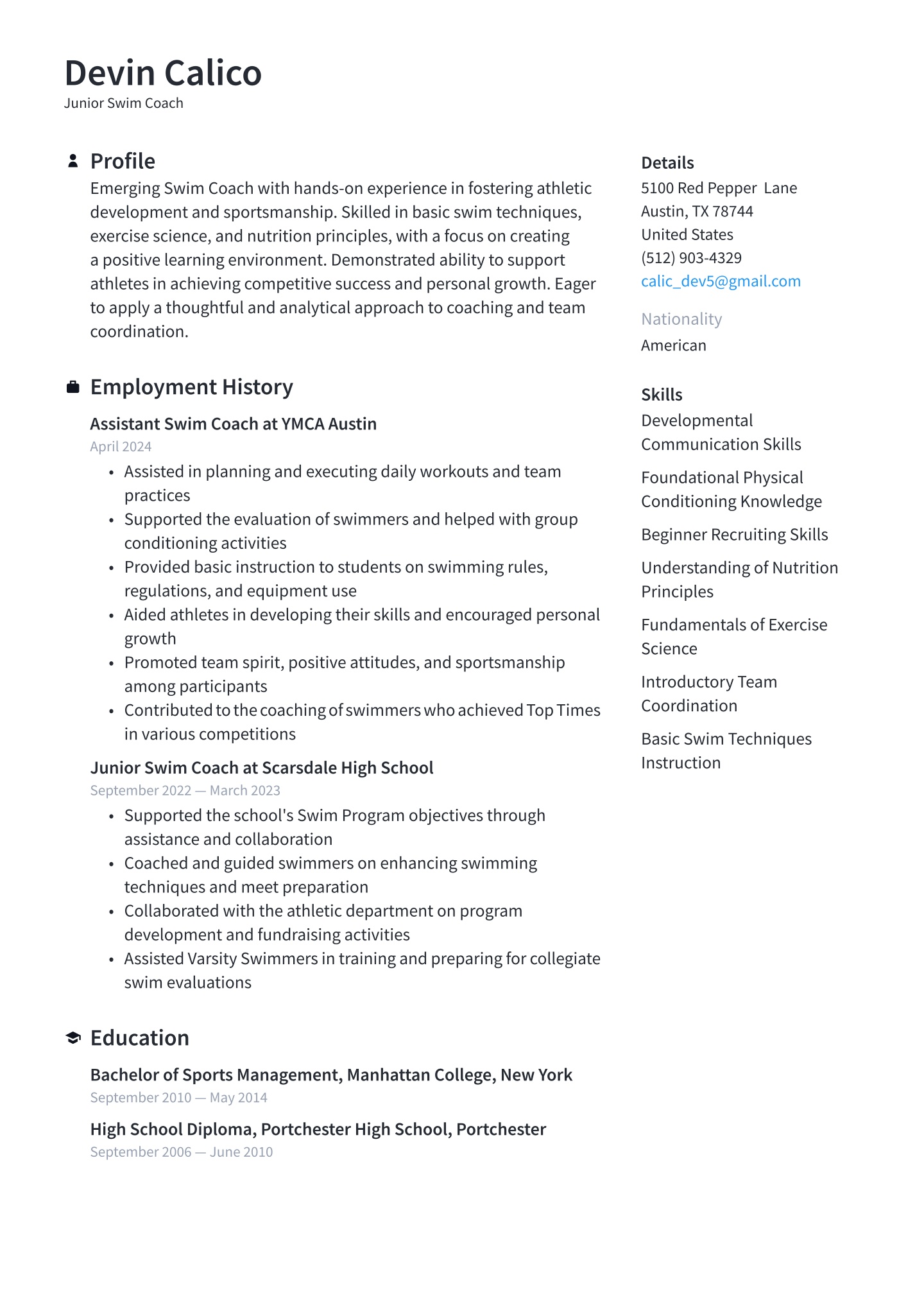 Swimming Coach Resume Examples &amp; Templates (2025) · Resume.io